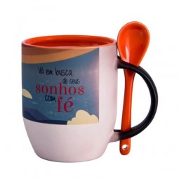 Caneca Mágica Cerâmica Com Colher Interior Colorido 325ml