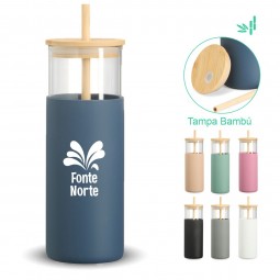 copo vidro tampa bambu personalizado