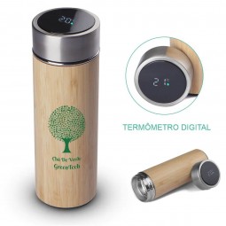 Garrafa Térmica inox e  bambu com termômetro personalizada para brindes GA6900