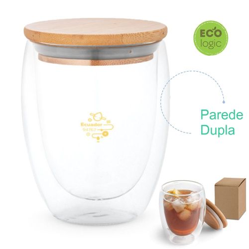 Copo de vidro isotérmico com tampa bambu 350 ml personalizado para brindes Ecuador 94767
